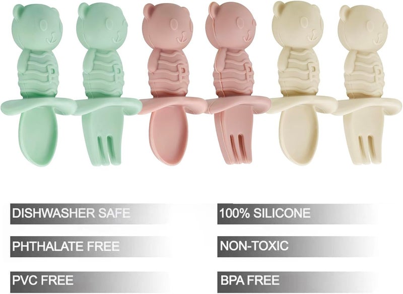 PandaEar 6 Pack Baby Led Weaning Spoons Forks 6+ Months | Silicone Baby Spoons and Fork Self Feeding Utensils, Toddler Infant Anti-Choke Feeding Utensils, Bear Shape (Pink Green Linen) - Image 2